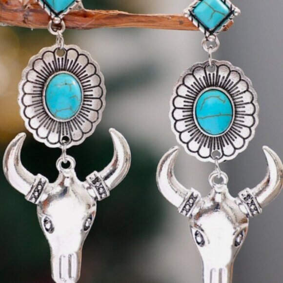 Blue and Silver Western Cowboy Turquoise Tauren Earrings Bohemian - Picture 4 of 5
